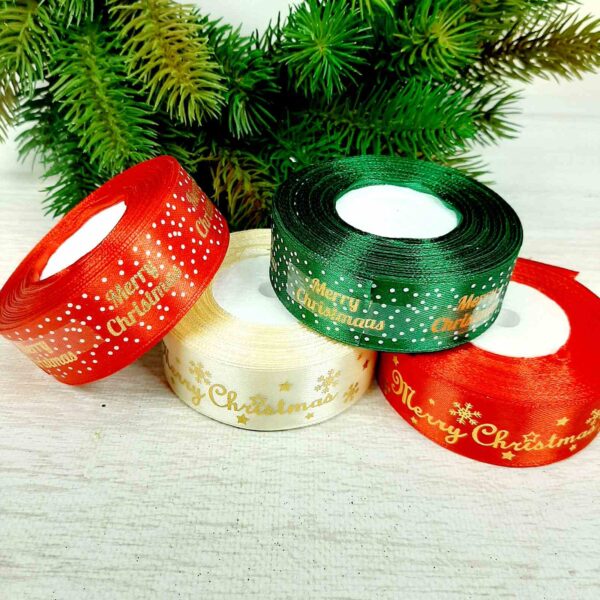 Атлас 2,5 см "Merry Christmas СНЕЖИНКА" , красный