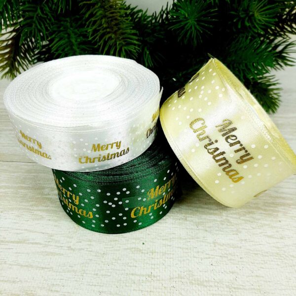 Атлас 2.5 см "Merry Christmas в горошек" , темно-зеленый