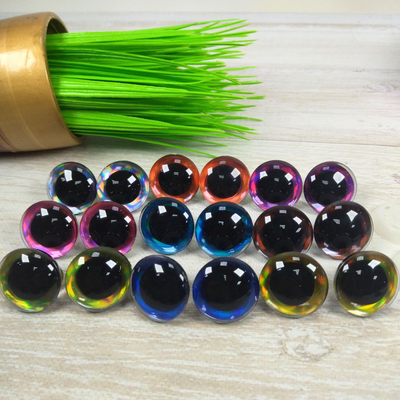 Очі круглі блискучий кант 18мм мікс райдужні 1пара