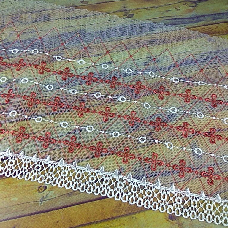 Кружево сетка 120см молочно-красное 1085