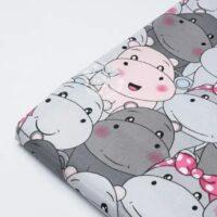 Бязь "Бегемотики в кіно" сіро-рожеві 50*53см №3811