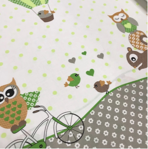 Хлопковая ткань (бязь) 160см "Совы, белочки, воздушный шар с горошком" на белом