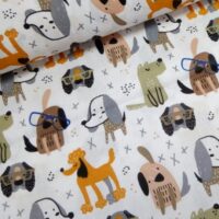 Хлопковая ткань (бязь) 160см "Собаки оранжевые зеленые и серые" на белом