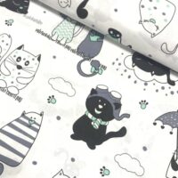 Хлопковая ткань (бязь) 160см "Коты черные и серые с мятным" на белом