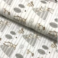 Хлопковая ткань (бязь) 160см "Зайцы и лисы с веточками на серой полоске" на белом (0,45*1,6м)