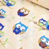 Хлопковая ткань (бязь) 160см "Совы сине-коричневые" на бежевом