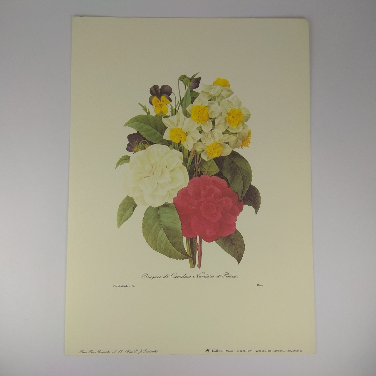 Арт постер репродукція "P.-J.Redouté "Букет камелій, нарцисів та фіалок" 18*24см
