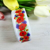 Стрічка репсова 2,5см Мак, волошки, зелений мак