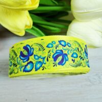 Стрічка репсова 2,5см Петриківський розпис блакитна на жовтому фоні