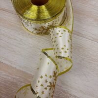 Лента новогодняя атласная Белая с глиттерным рисунком, Золотая снежинка 1905